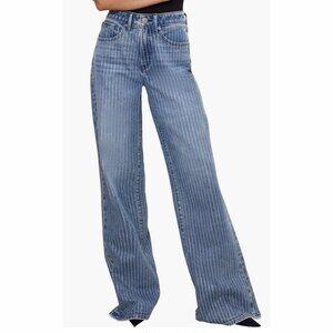 Good American Good Ease Relaxed Crystal-Stripe Wide Leg Jeans - Sz 6 - MSRP $258